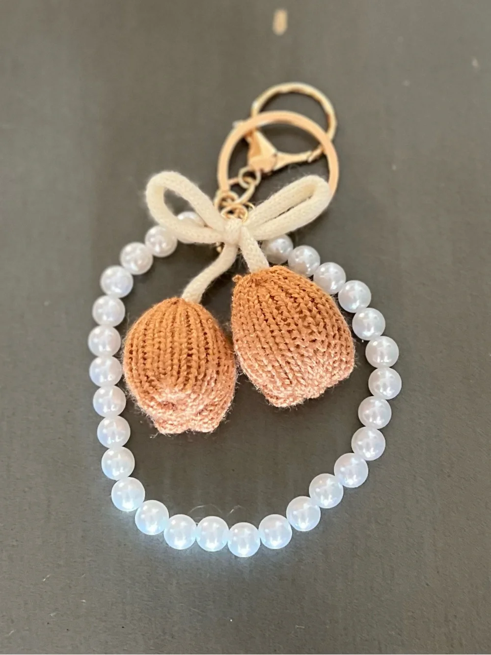 Light Brown Tulip Flower Floral Crochet White Pearl Chain Gold 4.5” Bag Charm